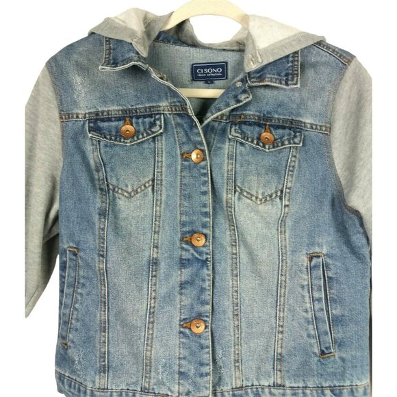 Juniors Ci Sono Hooded Jean Jacket Size Lg Blue Distressed Removable Hood - Picture 3 of 9